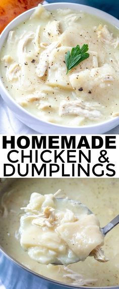 two pictures of chicken and dumplings in a white bowl, with the text homemade chicken and dumplings on top