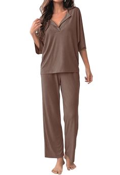 PRICES MAY VARY. COZY FABRIC: 28% Rayon+65% Polyester+7% Spandex, lightweight, comfy, and stretchy ribbed knit fabric. This Pajamas sets with soft elastic and loose designs fits for any body size TRENDY DESIGN: 2 Piece Pajama Sets for Women/Lounge Sets for Women/3/4 Sleeve Tops for Women/Wide Leg Pants for Women/Matching Sets for Women/Loungewear Sets for Women/Pants Sets for Women/Summer Clothes Sets for Women/Ribbed Outfits for Women/Going Out Outfits for Women CHIC DETAILS: This Lounge sets f Fall Pajamas Women, Going Out Outfits For Women, Lounge Sets For Women, Soft Sleepwear, Women Loungewear, Knit Lounge Set, Knit Loungewear, Lounge Pants Womens, Comfortable Pajamas