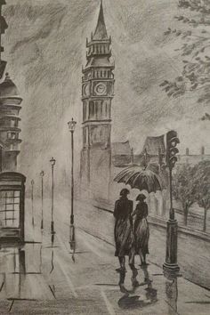 a drawing of two people walking down the street with an umbrella