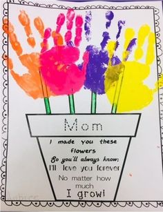 handprinted mothers day card with flowers in a flower pot and mom's poem