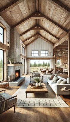 a living room filled with furniture and a fire place in the middle of an open floor plan