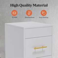 an image of a white cabinet with gold handles and knobs on the bottom, which is labeled high quality material