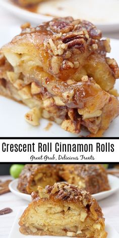 a close up of a plate of food with cinnamon rolls and apples in the background