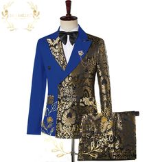 Gold Floral Boys Suit 2 Piece Wedding Tuxedo Double Breasted Formal Jacket Pants Kids Blazer Set Plaid Tuxedo, Kid Tuxedo, Prom Tuxedo, Suits Wedding, Groom Tuxedo, Vest And Tie, Prom Suits, Party Suits, Tuxedo Wedding