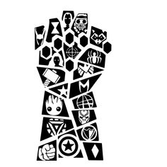 a black and white drawing of a fist with many different symbols on it's side