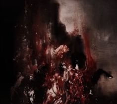 an abstract painting with red and black paint on the bottom half of it, as well as dark background