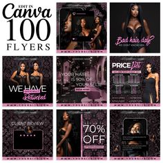 Enhance your hair business, wig store, or hair salon with our chic 100-piece social media flyer collection from Luxe DigiLab. Perfect for businesses specializing in wigs, extensions, weaves, human hair bundles, and hairdressing services, our Instagram post templates feature a sleek black and pink color palette that exudes style and elegance. Our unique visuals set your brand apart. Key Features: 100 Exquisite Instagram Templates Dimensions: 1080 X 1080 px No hidden charges; all design elements i Hair Promotion Flyers, Hair Business, Neuer Monat, Wig Store, Hair Appointment, Social Media Engagement, Color Palette Pink, Business Hairstyles, Beauty Business