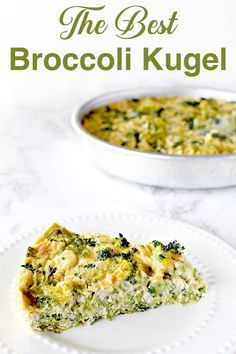 broccoli and cheese casserole on a white plate with the title above it