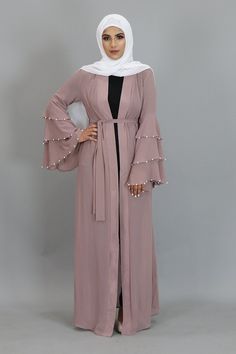 long sleeves Abaya chiffon modest maxi cardigan dress for muslim woman. Buttons are all the way down which allows ladies to wear it for many occasions Abaya Sleeves Design, Abaya Designs Latest, Abaya Fashion Dubai, Hijabista Fashion, Moslem Fashion, Hijab Designs