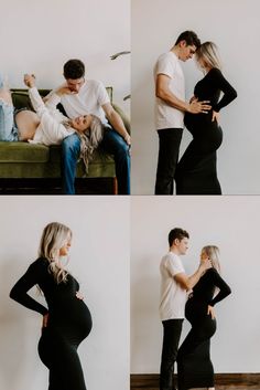 a pregnant couple cuddles in front of a couch while the man kisses his pregnant wife's belly