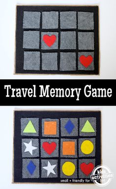 two pieces of felt with the words travel memory game written on them and an image of a