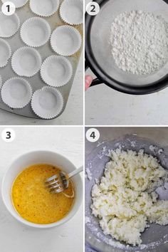 four pictures showing how to make cupcakes in the same pan and then mixing them together