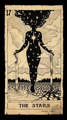 the star tarot card with an image of a woman holding two poles in her hands