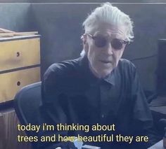 an old man wearing sunglasses sitting at a desk in front of a computer screen with the caption today i'm thinking about trees and how beautiful they are