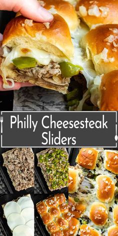 there is a collage of different sliders with cheeses and meat on them