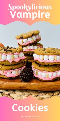 cookies with marshmallows and pink icing are stacked on top of each other