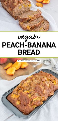 a loaf of vegan peach - banana bread on top of a pan