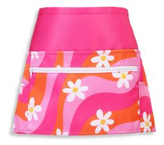 a pink and orange skirt with white flowers on the front, zippered at the waist