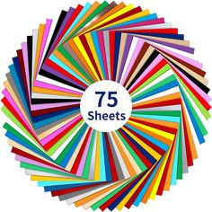 an assortment of different colored papers arranged in a circle with the number 75 on it