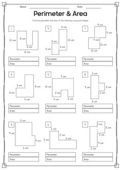 the perimeter and area worksheet is shown in black and white, with numbers on it