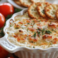 a white dish filled with cheese and crackers on top of a table next to tomatoes