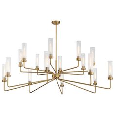 a large brass chandelier with clear glass tubes hanging from it's center