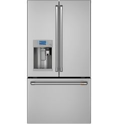 a stainless steel refrigerator freezer with water dispenser on the front and bottom