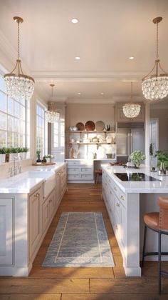 a large kitchen with an island, sink and stove top oven next to a dining room table