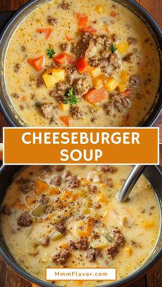 two images showing different types of cheeseburger soup