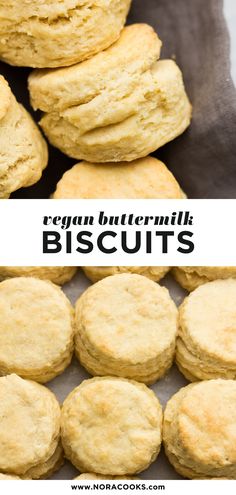 biscuits stacked on top of each other with the words vegan buttermilk biscuits