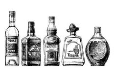 an ink drawing of liquor bottles