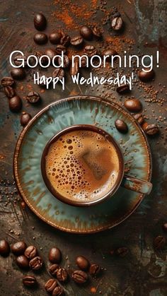 a cup of coffee sitting on top of a saucer next to some coffee beans