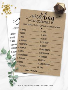 the wedding word scramble game is on top of a piece of paper next to some greenery