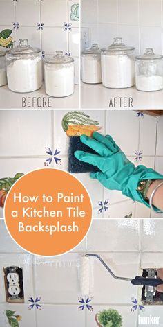 two pictures showing how to paint a kitchen tile backsplash