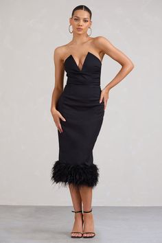 Kensington | Black Bodycon Midi Dress With Statement Feather Trim Black Bodycon Midi Dress, Faux Feathers, Black Midi Dress Bodycon, Soft Features, Midi Bridesmaid Dress, Black Dress Prom, Midi Dress Style, Black Tie Gala, Strapless Neckline