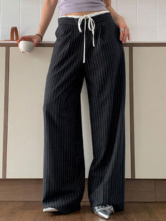 Patchwork Stripe Contrast Color Wide Leg Pants - AnotherChill Retro Grunge Aesthetic, Color Wide Leg Pants, Grunge Summer Outfits, Grunge Summer, 90s Y2k Fashion, Backless Bodycon Dresses, Black Weave, Striped Wide Leg Pants, Baby Tees Y2k