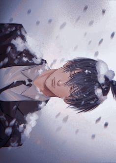 an anime character is standing in the snow with his hair blowing back and eyes closed