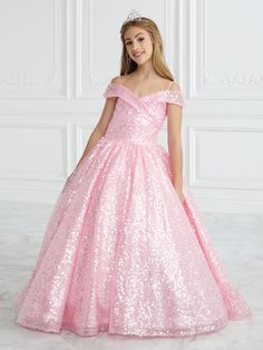 Your sweet girl will dazzle the room in this sequin long cold shoulder dress with A-line skirt by Tiffany Princess 13679. This off the shoulder gown features a wide V-neckline that ends in cap-sleeves, clear-sequins adorn the A-line skirt with sweep train, and a lace-up back. House of Wu Tiffany Princess Collection Fall 2022 Style Number: 13679 Fabric: Sequins Please note: There may be a loss of glitter while wearing this dress due to the nature of the fabric Colors: Ivory, Pink, Sky Blue Sizes: Off-shoulder Dresses For Prom Season Pageants, Sequin Pageant Dress, Sequin Flower Girl Dress, Cold Shoulder Gown, White Flower Girl Dresses, Girls Pageant Dresses, Girls Formal Dresses, Princess Gown, Pageant Dress