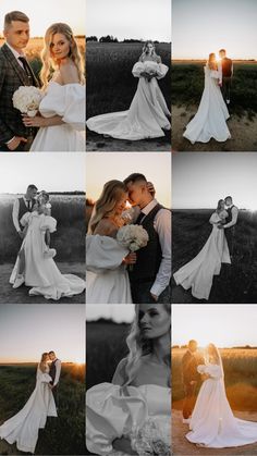 the bride and groom are posing for pictures in their wedding gowns, with sun shining through