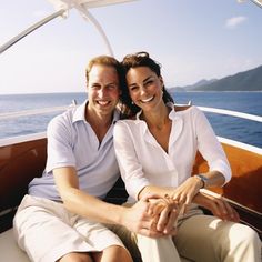 a man and woman are sitting on the back of a boat smiling at the camera