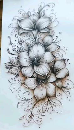 a drawing of flowers on paper with water droplets and swirls around the flower petals