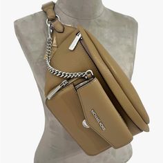 Brand New Never Used Leather Crossbody Belt Bag With Branded Hardware, Luxury Beige Leather Belt Bag, Beige Leather Crossbody Belt Bag, Beige Leather Satchel Belt Bag, Beige Leather Belt Bag With Soft Leather, Grey Crossbody Bag, Free People Bags, Large Leather Bag, Mk Purse