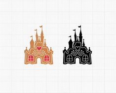 two castle silhouettes, one with a heart and the other with a flag on it