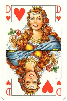 the queen of hearts playing card with two heads on each side and one head in the middle