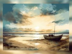 a painting of a boat on the beach at sunset with clouds in the sky above