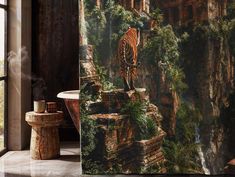 a shower curtain with a painting of a tiger standing on a cliff in the jungle