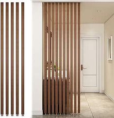 a white door with wooden slats on the side and an image of a hallway