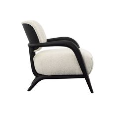 an upholstered chair with black legs and white fabric on the back, against a white background