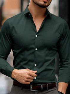 Chemise pour homme en couleur unie avec boutons avant et manches longues, pour une tenue décontractée quotidienne Vert sapin Casual  Manches longues Étoffe Unicolore Chemise Pas de l'extensibilité Printemps/automne Men Clothing, size features are:Bust: ,Length: ,Sleeve Length: Nice Dress Clothes For Men, Dark Green Dress Shirt Men, Men Shirts Formal, Forest Green Shirt Outfit Men, Plain Formal Shirts For Men, Dark Green Mens Outfit, Dark Green Shirt Outfit Men Formal, Classy Men’s Fashion, Dark Green Shirt Outfit Men Casual