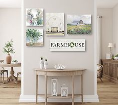 there is a table in front of the wall with pictures on it that say farmhouse